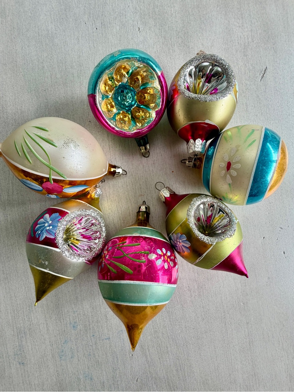 7 Vtg Fantasia Poland Glass Indent, Teardrop & Round Ornaments